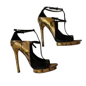 Brian Atwood Campisa black suede and bronze snakeskin embossed stiletto heels